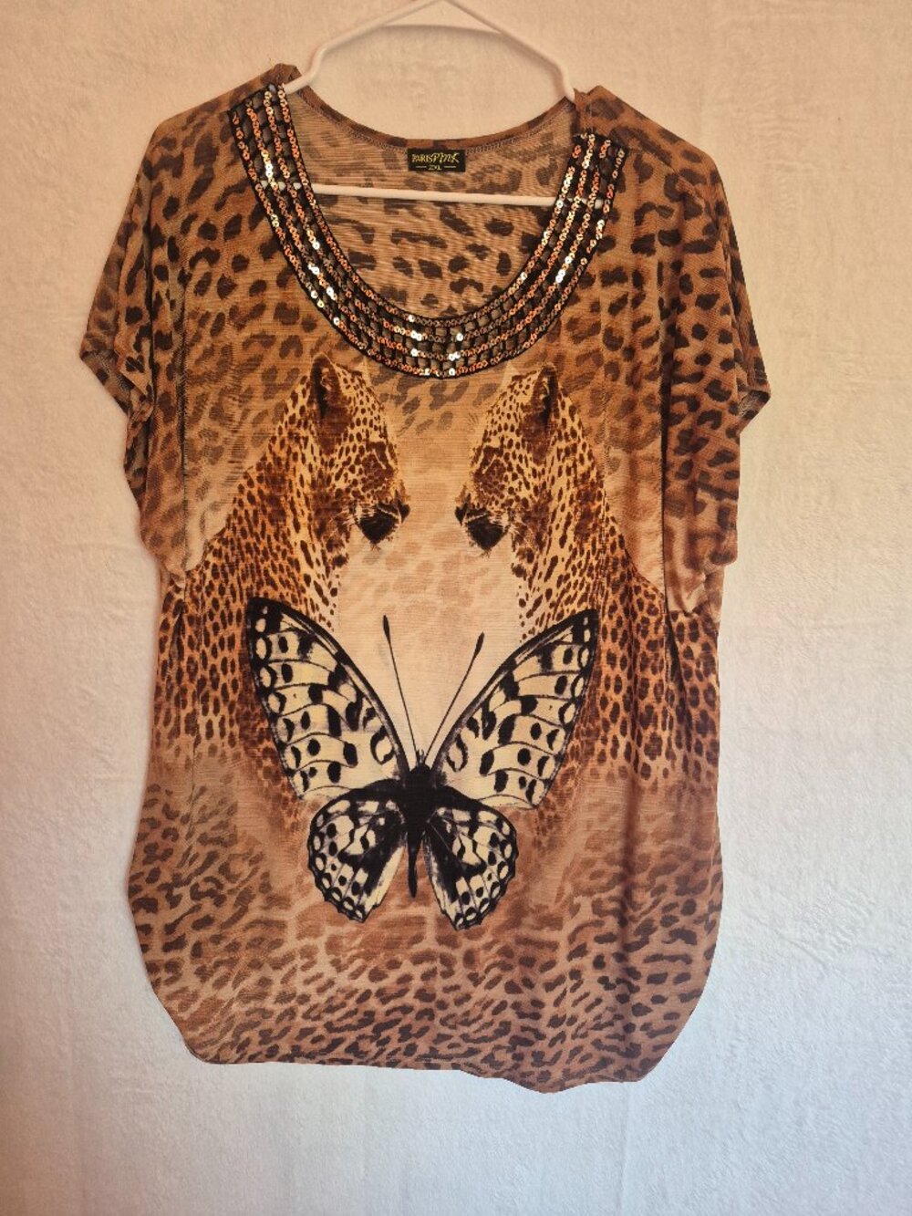 Paris Pink 2XL Leopard Butterfly Mesh Top Sequin Neckline Semi Sheer Y2K Blouse